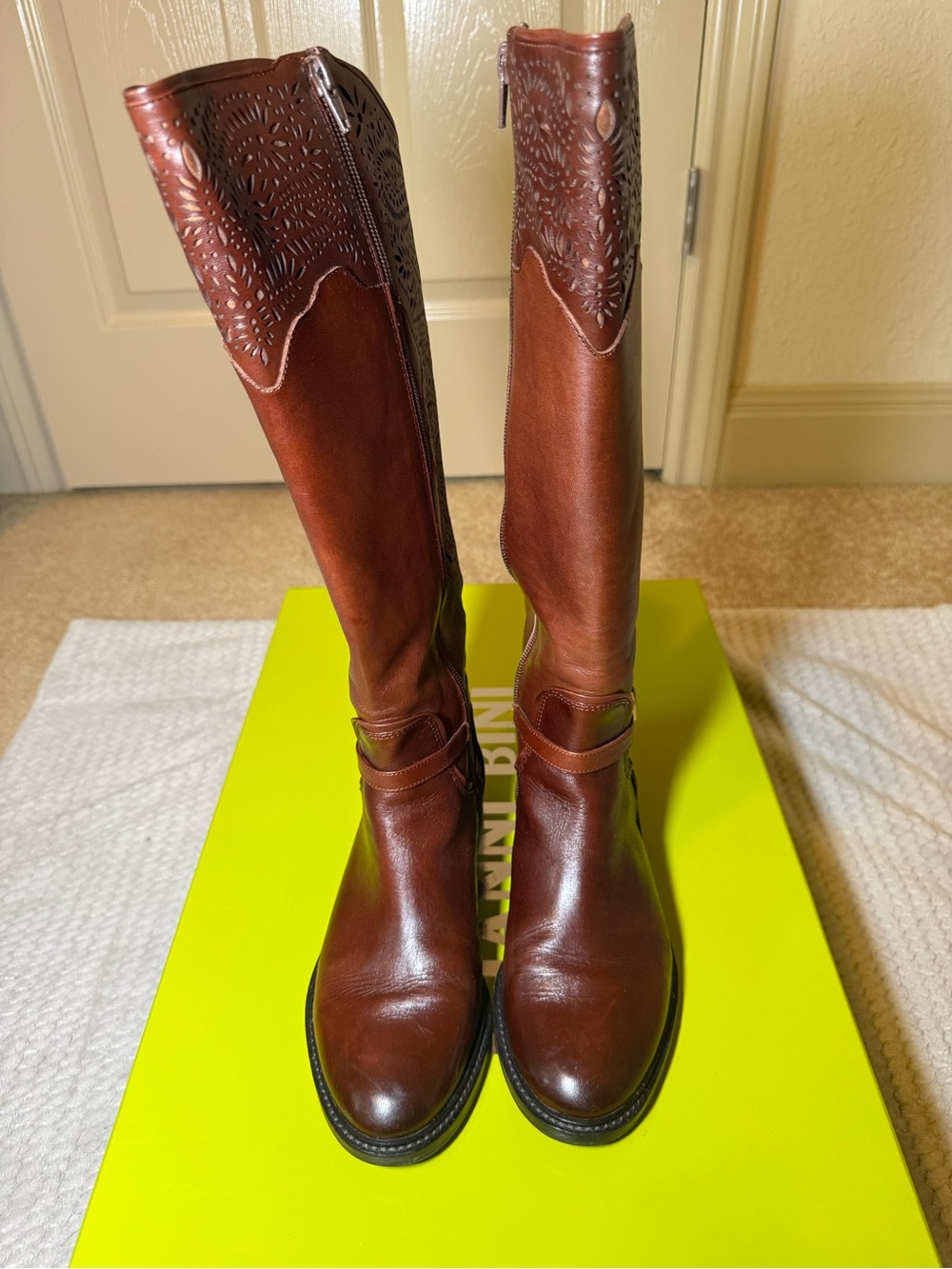 Gianni Bini Brown Tall Leather Riding Boots with Laser-Cut Shaft